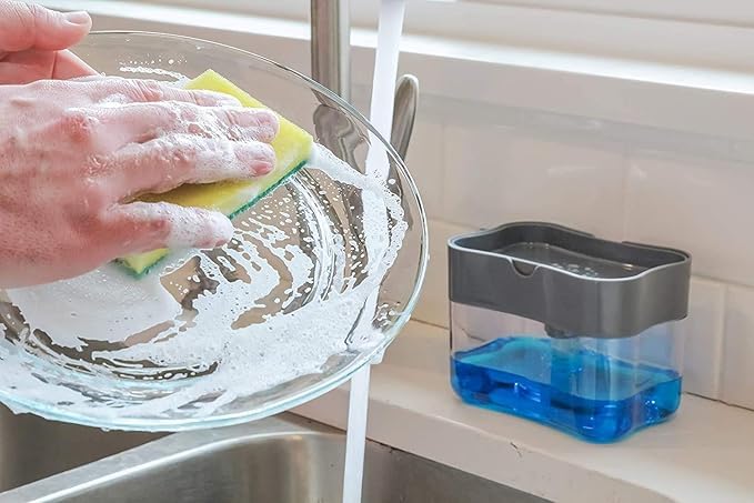 Twizzle Plastic 2 in 1 Soap Dispenser for Kitchen with Sponge Holder 400 Ml, Durable&Smooth Body Sink Dish Washing Soap Dispenser Set Sponge Holder Kitchen Sink Accessories Items (2 in 1) - Image 2