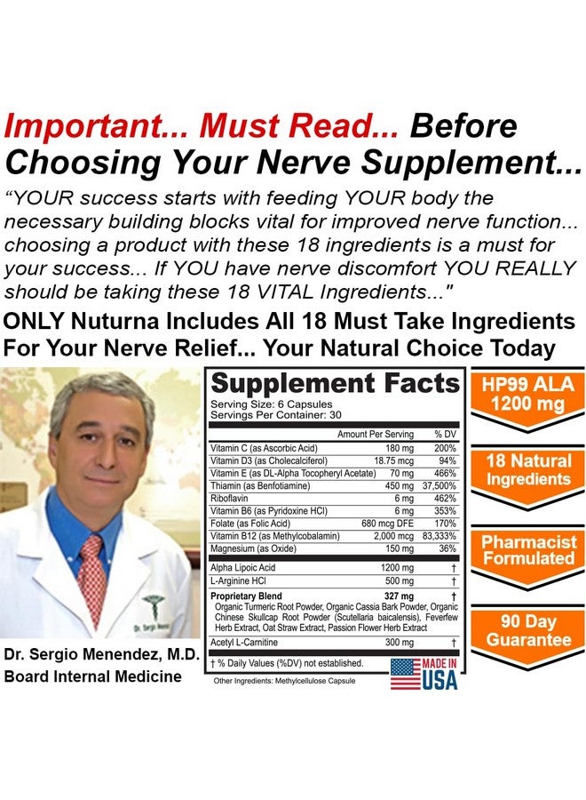 Nuturna Neuropathy Support Supplement with 1200 mg HP-99 Alpha Lipoic Acid - Max Strength ALA Nerve Formula for Feet Hands Fingers Legs - Ultra Potent 18 in 1 Natural Peripheral Nerve Vitamins - 180 Capsules - Image 4