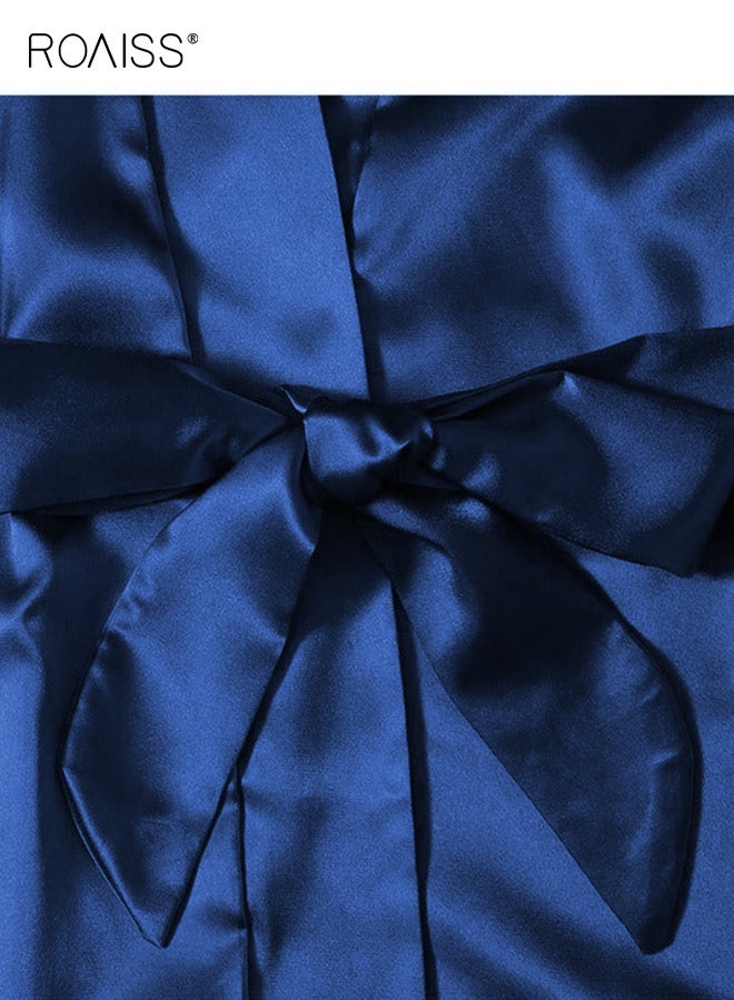 roaiss 4 Pack Women's Nightwear Set Silk Satin Sleepwear Pajama Summer Home Wearing Clothes Suits Embroidered Breathable Ladies Lingerie Robe Nightdress Underwear Panties Navy Blue - Image 3