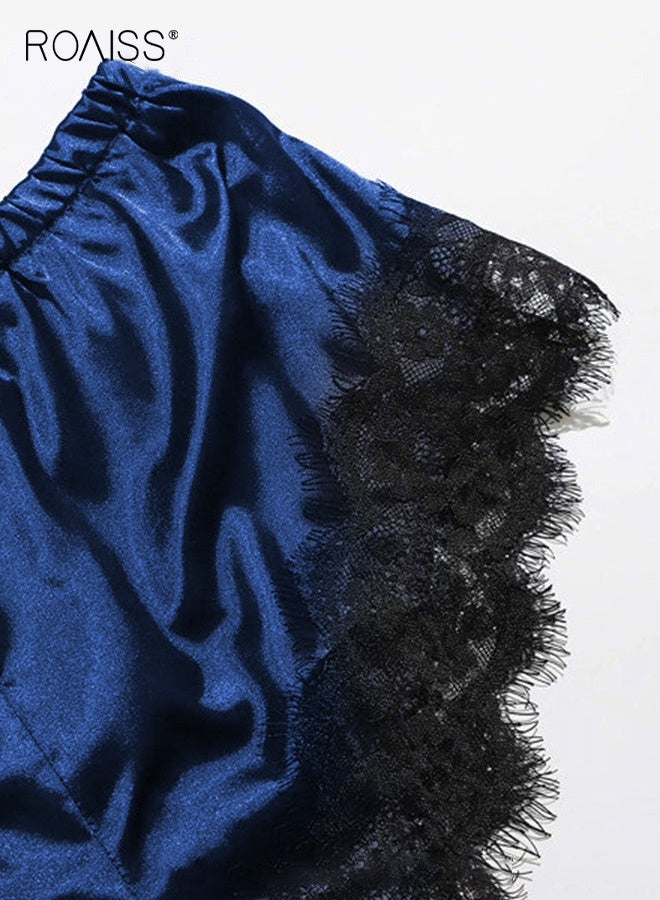 roaiss 4 Pack Women's Nightwear Set Silk Satin Sleepwear Pajama Summer Home Wearing Clothes Suits Embroidered Breathable Ladies Lingerie Robe Nightdress Underwear Panties Navy Blue - Image 5