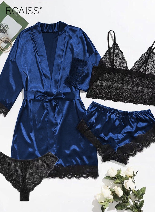 4 Pack Women's Nightwear Set Silk Satin Sleepwear Pajama Summer Home Wearing Clothes Suits Embroidered Breathable Ladies Lingerie Robe Nightdress Underwear Panties Navy Blue