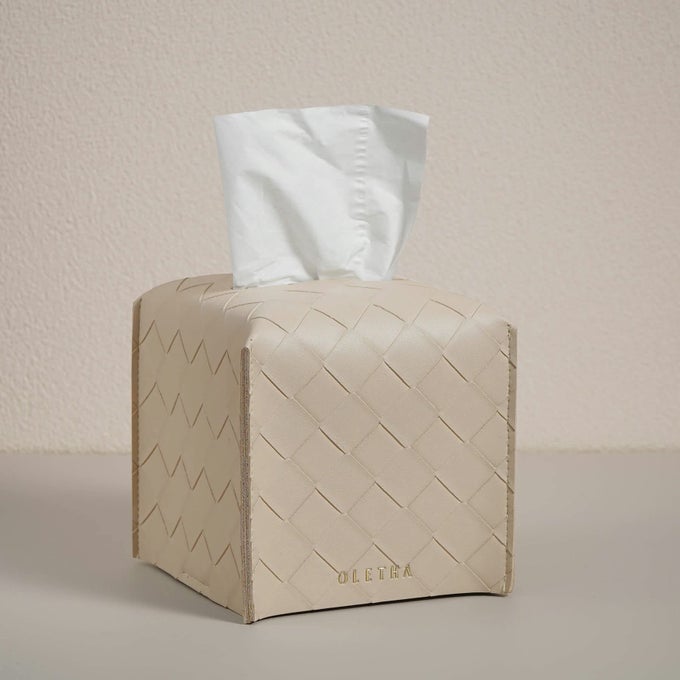 SQUARE TISSUE BOX COVER AESTHETIC DESK DECOR FOR ROOM HOME OFFICE TISSUES CUBE BOXES HOLDER WOVEN TEXTURED LIGHT TAUPE