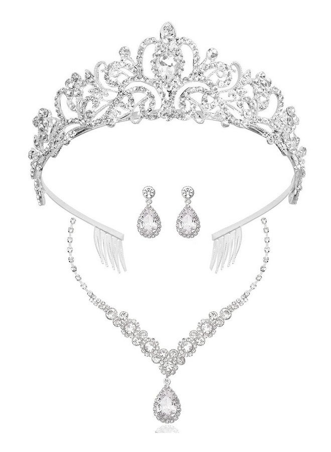 Cocide Silver Jewelry Set For Women Crystal Tiara And Necklace Kit For Girls Rhinestone Crown Earrings Neck Accessories For Bride Wedding Birthday Party Bridal Prom Bridesmaid Dress Up - Image 1