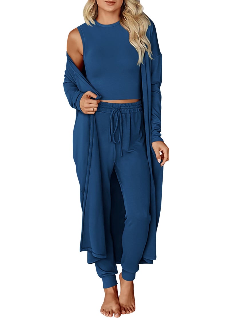 KIRUNDO 3 Piece Lounge Sets for Women Airport Travel Vacation Outfits Spring Cardigan Matching Sleeveless Top Jogger Pants(Dark Blue, Small) - Image 1