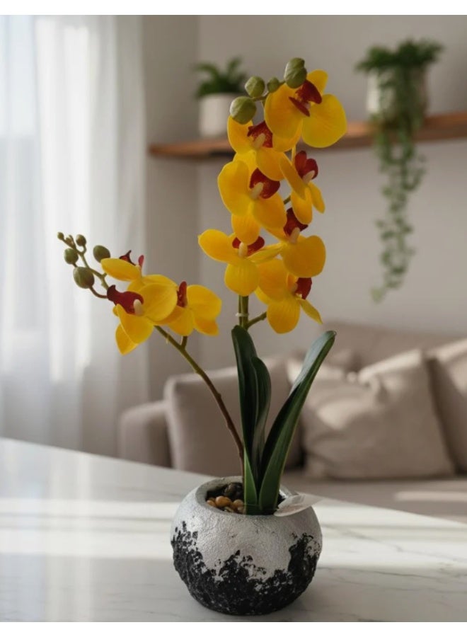 AKDC Next Rose Artificial Yellow Orchid Flower - Bright Blooms in Silver Toned Pot, Cheerful and Realistic Appearance, 35 cm,"- Bright yellow polystyrene foam orchids for cheerful realism. - Image 1