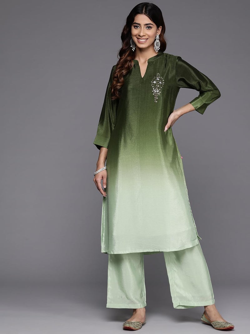 Varanga Women Teal Printed Round Neck Straight Kurta Paired with Kurta Bottom Set and Dupatta Set – Women Kurta Set with Dupatta – Stylish Kurti Set for Women (Large) - Image 2