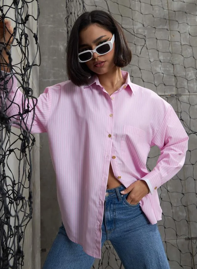 ساسافراس Sassafras Pink and White Striped Golden Buttons Oversized Shirt
