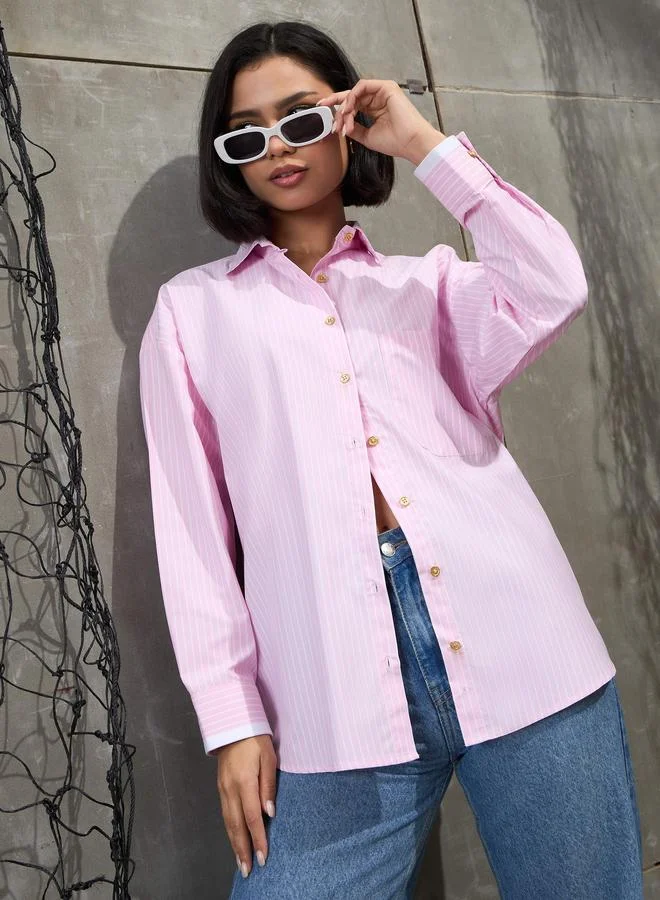 ساسافراس Sassafras Pink and White Striped Golden Buttons Oversized Shirt