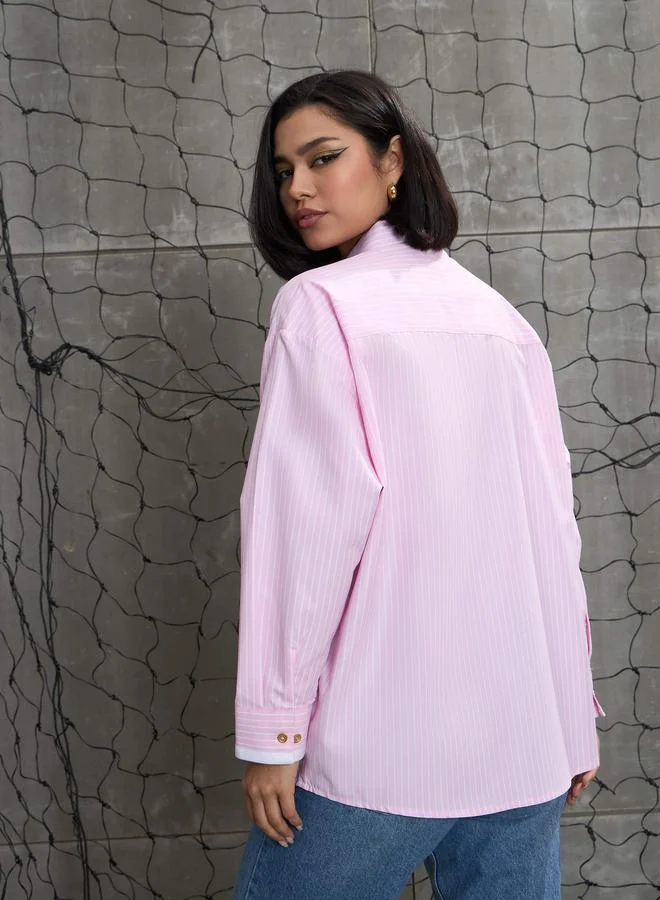 SASSAFRAS Pink and White Striped Golden Buttons Oversized Shirt