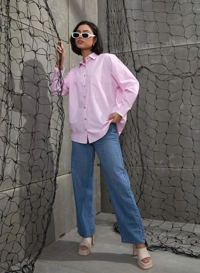 SASSAFRAS Pink and White Striped Golden Buttons Oversized Shirt