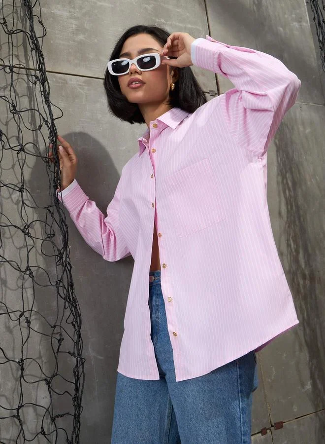 SASSAFRAS Pink and White Striped Golden Buttons Oversized Shirt