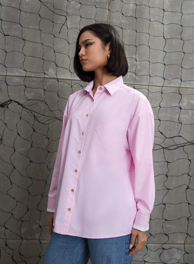 SASSAFRAS Pink and White Striped Golden Buttons Oversized Shirt