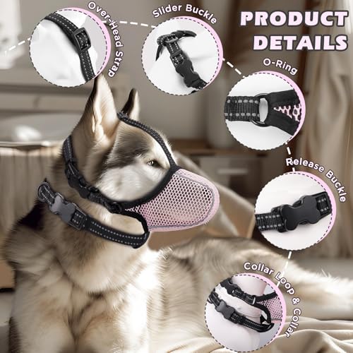 BONTHEE Dog MuzzleMesh Soft Muzzle for Small Medium Large Sized Dogs Breathable Reflective Adjustable Puppy Muzzles with Collar for Scavenging Grooming Biting ChewingAllows Panting and DrinkingPink M - Image 3