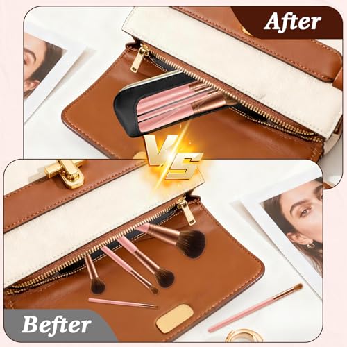 ZLSPTK 2Pcs Small Makeup Brush Bag Toiletry Bag PU Leather Clear Cosmetic Bags Makeup Bags for Women Portable Waterproof Makeup Brush Holder Slim Cosmetic Pouch Travel Pouch with Zipper (Black& Brown) - Image 2
