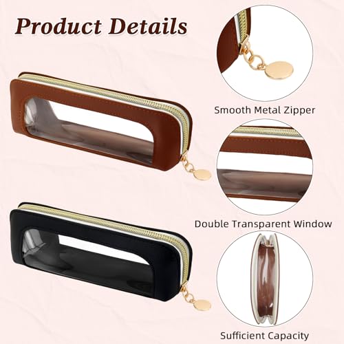 ZLSPTK 2Pcs Small Makeup Brush Bag Toiletry Bag PU Leather Clear Cosmetic Bags Makeup Bags for Women Portable Waterproof Makeup Brush Holder Slim Cosmetic Pouch Travel Pouch with Zipper (Black& Brown) - Image 3