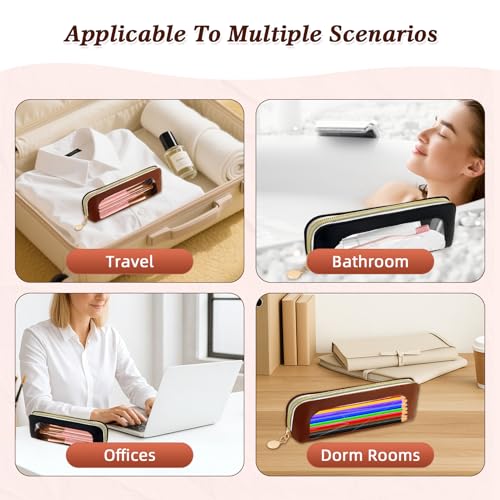 ZLSPTK 2Pcs Small Makeup Brush Bag Toiletry Bag PU Leather Clear Cosmetic Bags Makeup Bags for Women Portable Waterproof Makeup Brush Holder Slim Cosmetic Pouch Travel Pouch with Zipper (Black& Brown) - Image 4