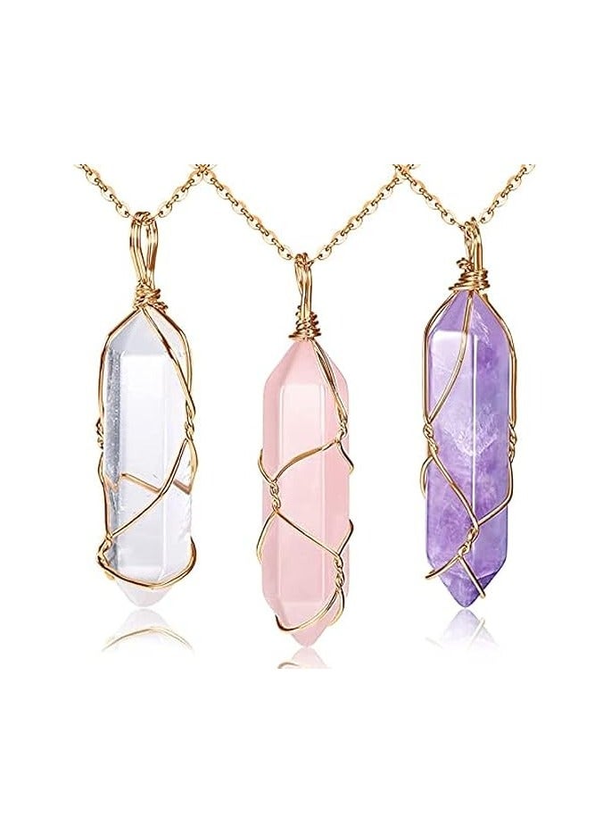 NNEWVANTE 3 Pieces Crystal Necklaces, Quartz Pendant Energy Healing Crystal Necklace Natural Hexagonal Gemstone Pendant for Women Girls。  - Image 1