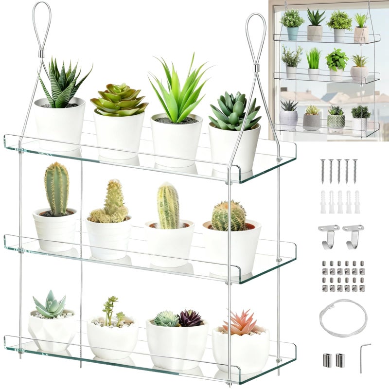 Tlence 3-Tier Hanging Clear Plant Shelves, Acrylic Window Flower Display Shelf, Height Adjustable Indoor Wall Plant Stand, Succulents Pot Organizer Storage for Herbs Microgreens Seedling Growth - Image 1
