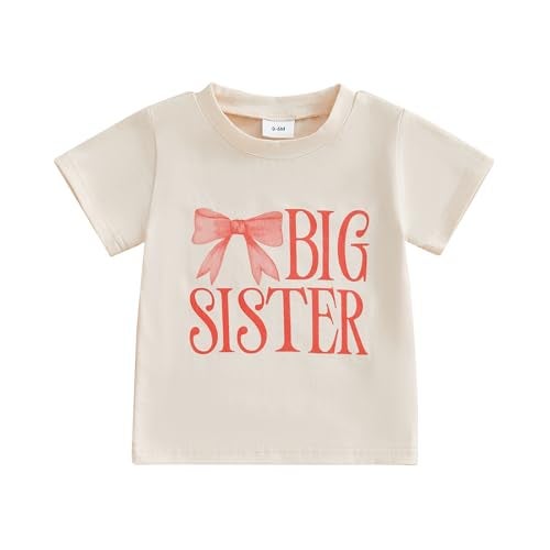 GOOCHEER Big Sister Little Sister Matching Outfit Newborn Baby Girl Short Sleeve Romper Toddler Girl T-Shirt Top (Khaki-Big Sister, 5-6 Years) - Image 1