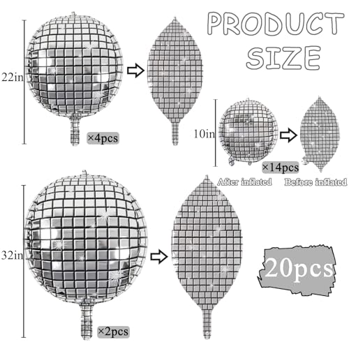 OuMuaMua 20Pcs Disco Ball Balloons Different Sizes- 4D Large Disco Balloons 32” 22” 10 Inch Assorted Round Metallic Silver Mylar Balloon for 70s 80s Disco Themed Birthday New Year's Party Decor Supplies - Image 3
