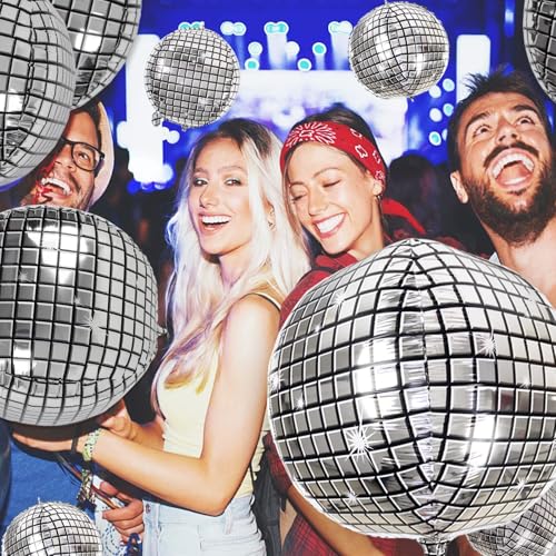 OuMuaMua 20Pcs Disco Ball Balloons Different Sizes- 4D Large Disco Balloons 32” 22” 10 Inch Assorted Round Metallic Silver Mylar Balloon for 70s 80s Disco Themed Birthday New Year's Party Decor Supplies - Image 2