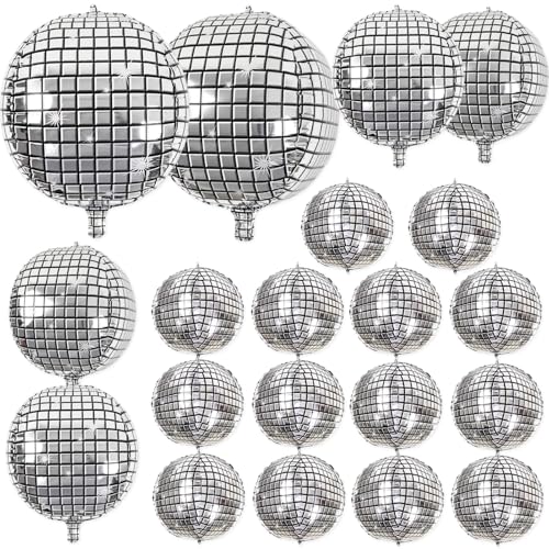 OuMuaMua 20Pcs Disco Ball Balloons Different Sizes- 4D Large Disco Balloons 32” 22” 10 Inch Assorted Round Metallic Silver Mylar Balloon for 70s 80s Disco Themed Birthday New Year's Party Decor Supplies - Image 1