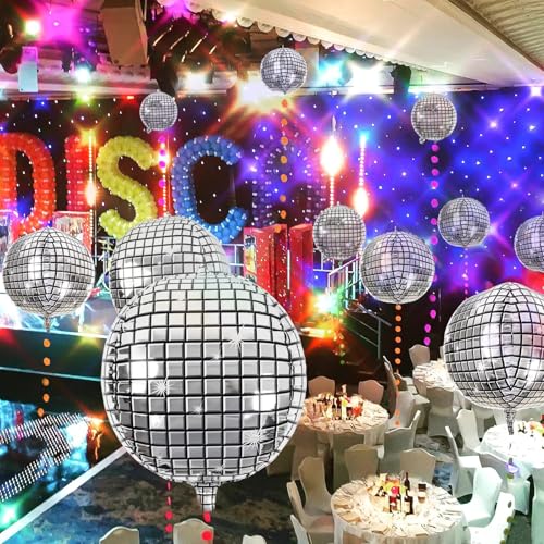 OuMuaMua 20Pcs Disco Ball Balloons Different Sizes- 4D Large Disco Balloons 32” 22” 10 Inch Assorted Round Metallic Silver Mylar Balloon for 70s 80s Disco Themed Birthday New Year's Party Decor Supplies - Image 4