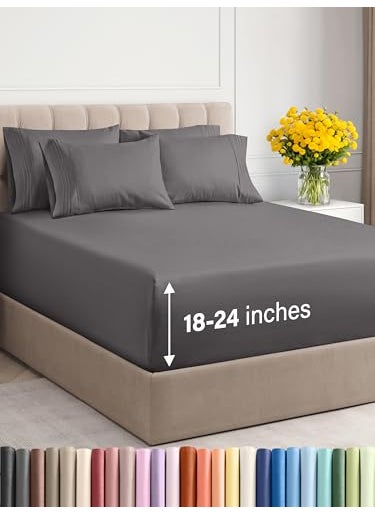 Extra Deep Cal King Sheet Set  6 Piece Breathable  Cooling Sheets  Hotel Luxury Bedding Set with 1824 Inch Extra Deep Pockets  Easy Fit  Super Soft Wrinkle Free and Comfy  Grey Cal King Size