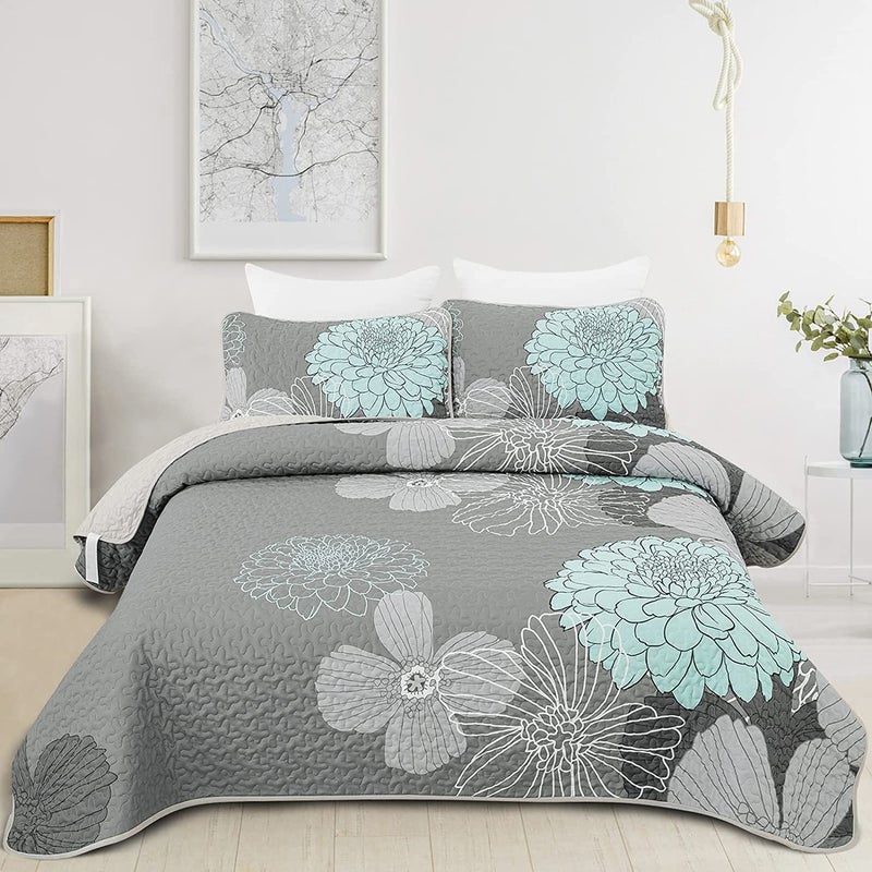 Yiran Grey Aqua Floral Quilt Set King Size Summer Botanical Bedspreads Bedding Set 3 Pieces Lightweight Flowers Printed Coverlet with 2 Pillow Shams for All Season 104x90 Inch - Image 1
