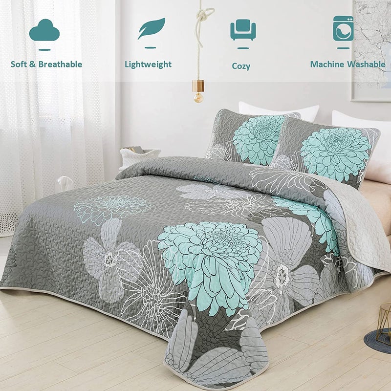 Yiran Grey Aqua Floral Quilt Set King Size Summer Botanical Bedspreads Bedding Set 3 Pieces Lightweight Flowers Printed Coverlet with 2 Pillow Shams for All Season 104x90 Inch - Image 3