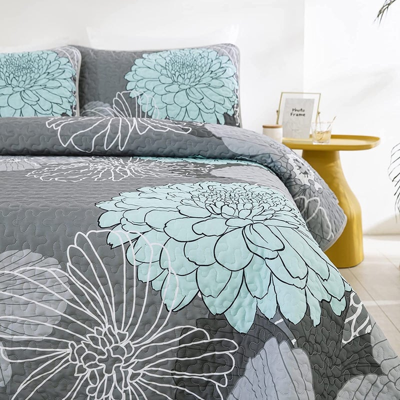 Yiran Grey Aqua Floral Quilt Set King Size Summer Botanical Bedspreads Bedding Set 3 Pieces Lightweight Flowers Printed Coverlet with 2 Pillow Shams for All Season 104x90 Inch - Image 2