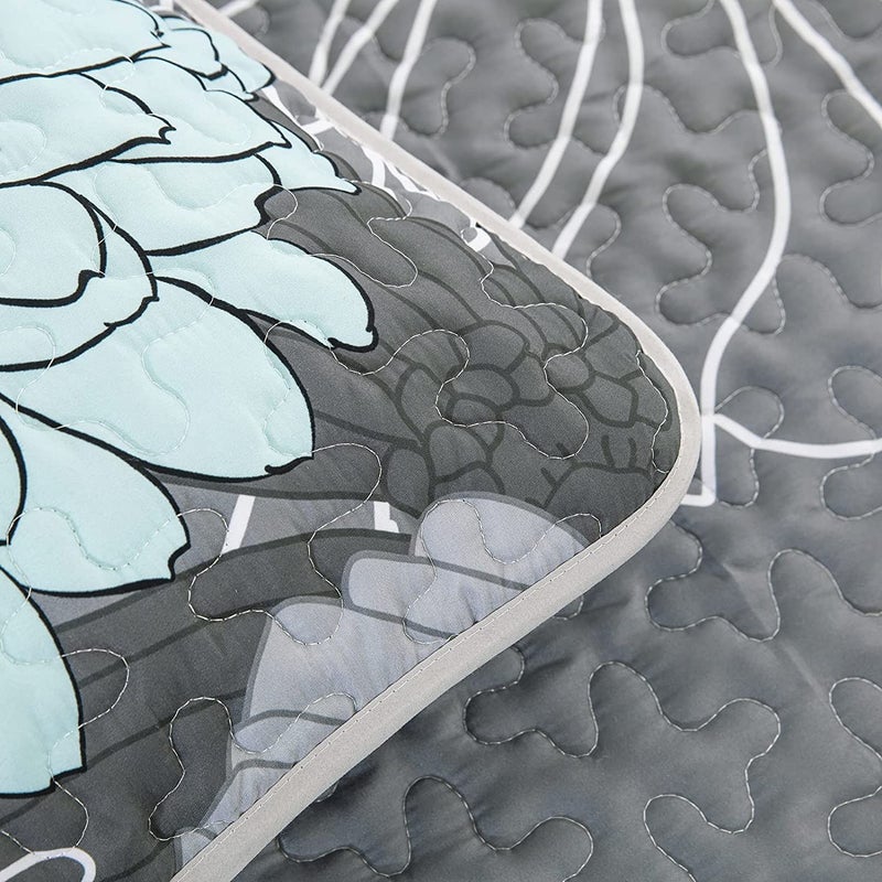Yiran Grey Aqua Floral Quilt Set King Size Summer Botanical Bedspreads Bedding Set 3 Pieces Lightweight Flowers Printed Coverlet with 2 Pillow Shams for All Season 104x90 Inch - Image 4