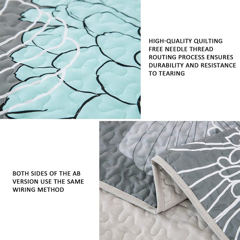 Yiran Grey Aqua Floral Quilt Set King Size Summer Botanical Bedspreads Bedding Set 3 Pieces Lightweight Flowers Printed Coverlet with 2 Pillow Shams for All Season 104x90 Inch - Image 5