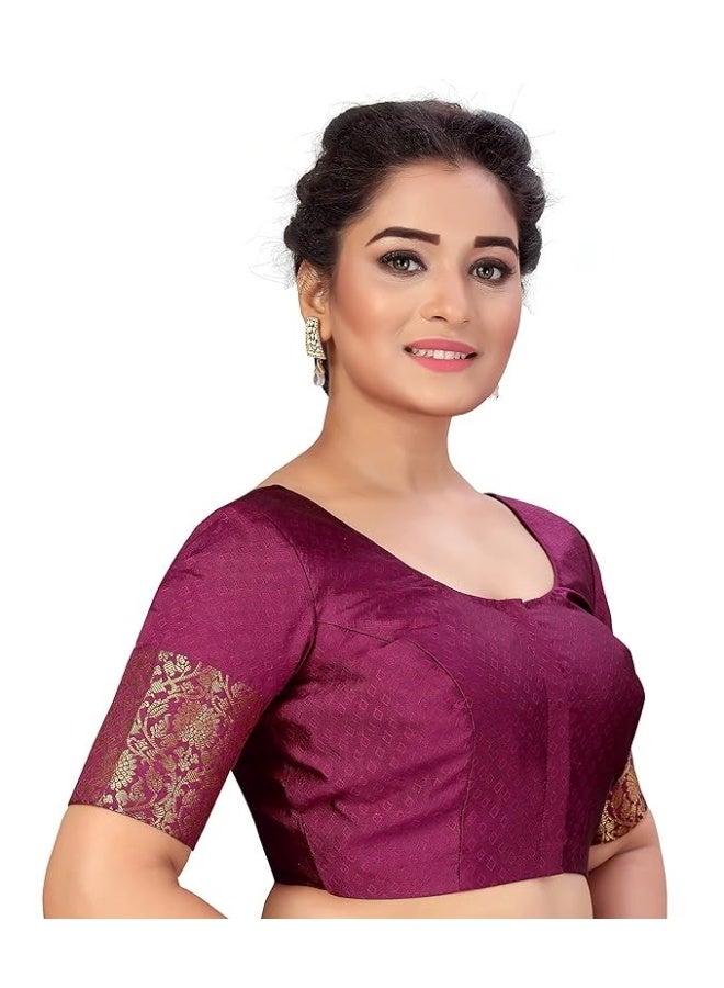 Studio Shringaar Women's Brocade Elbow Length Sleeves Golden Kanjivaram Border Saree Blouse. - Image 1