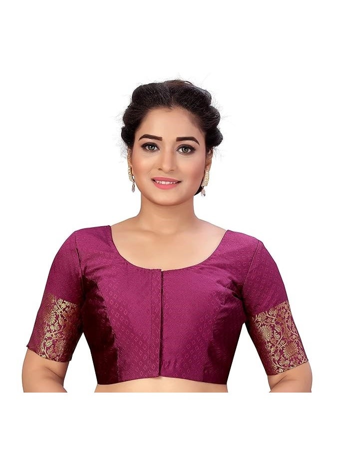 Studio Shringaar Women's Brocade Elbow Length Sleeves Golden Kanjivaram Border Saree Blouse. - Image 2