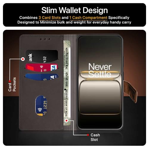 FLIPPED Hand Stitched Honeycomb Dual Design Back Flip Cover Case for 1+ OnePlus Nord 5 (Shock Proof | Leather Finish | Wallet Case Card Holders & Stand) - Tanned Brown - Image 4