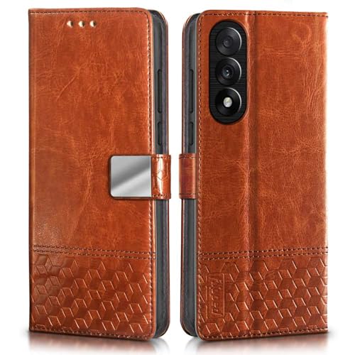 FLIPPED Hand Stitched Honeycomb Dual Design Back Flip Cover Case for 1+ OnePlus Nord 5 (Shock Proof | Leather Finish | Wallet Case Card Holders & Stand) - Tanned Brown - Image 3