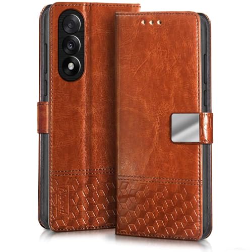 FLIPPED Hand Stitched Honeycomb Dual Design Back Flip Cover Case for 1+ OnePlus Nord 5 (Shock Proof | Leather Finish | Wallet Case Card Holders & Stand) - Tanned Brown - Image 1
