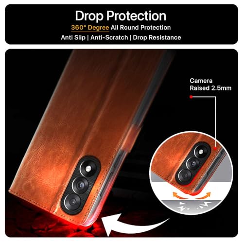 FLIPPED Hand Stitched Honeycomb Dual Design Back Flip Cover Case for 1+ OnePlus Nord 5 (Shock Proof | Leather Finish | Wallet Case Card Holders & Stand) - Tanned Brown - Image 5