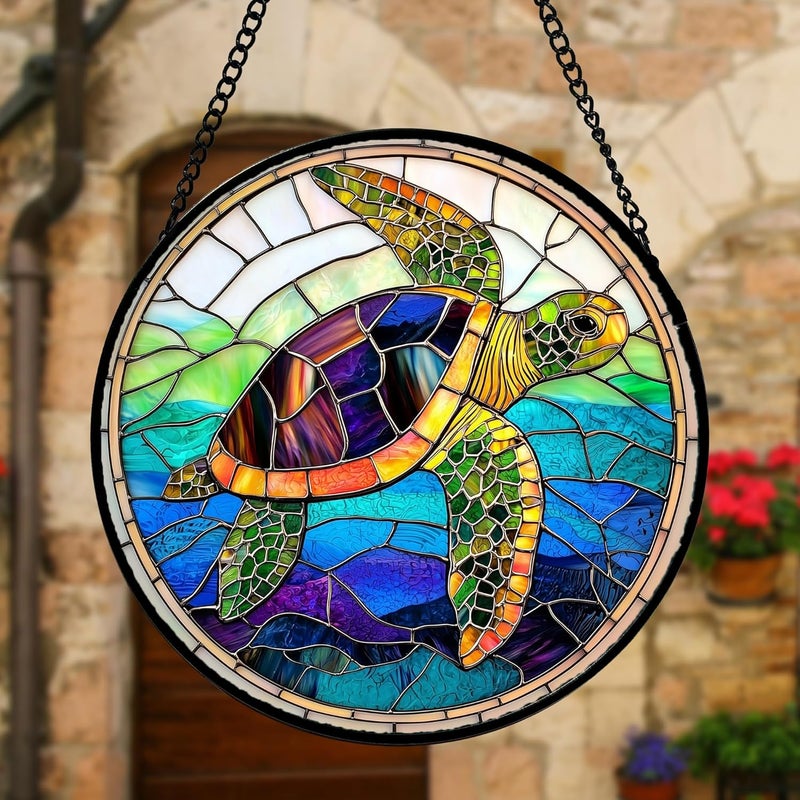 DASTOLL Stained Glass Window Hanging, Colored Turtle Ocean Suncatcher Diamond Glass Panel Hangings Marine Life Sun Catchers Decor for Birthday for Women, Men, Wife, Aunt, Mom 7.8 in - Image 4