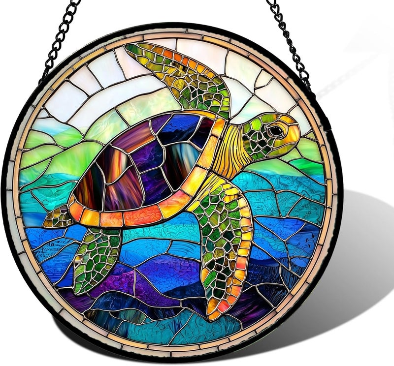 DASTOLL Stained Glass Window Hanging, Colored Turtle Ocean Suncatcher Diamond Glass Panel Hangings Marine Life Sun Catchers Decor for Birthday for Women, Men, Wife, Aunt, Mom 7.8 in - Image 1