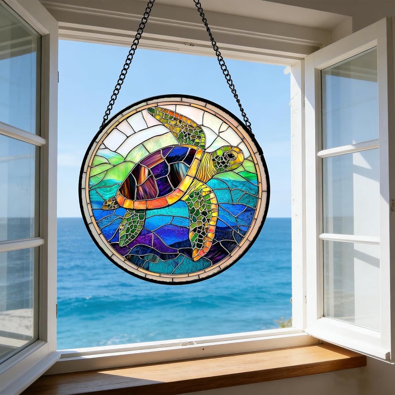 DASTOLL Stained Glass Window Hanging, Colored Turtle Ocean Suncatcher Diamond Glass Panel Hangings Marine Life Sun Catchers Decor for Birthday for Women, Men, Wife, Aunt, Mom 7.8 in - Image 5
