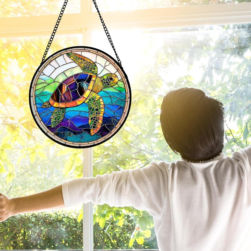 DASTOLL Stained Glass Window Hanging, Colored Turtle Ocean Suncatcher Diamond Glass Panel Hangings Marine Life Sun Catchers Decor for Birthday for Women, Men, Wife, Aunt, Mom 7.8 in - Image 3