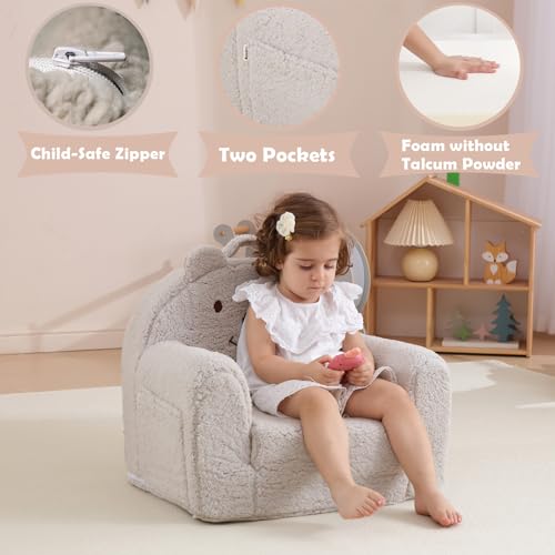 Kisdsa Toddler Chair,Sherpa Bear Kids Chair,Toddler Couch Fold Out,Children Reading Chair,Flip Out Kids Couch,Toddler Sofa Convertible for Age 1-3(Grey Bear) - Image 2