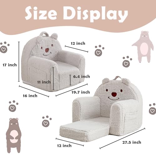 Kisdsa Toddler Chair,Sherpa Bear Kids Chair,Toddler Couch Fold Out,Children Reading Chair,Flip Out Kids Couch,Toddler Sofa Convertible for Age 1-3(Grey Bear) - Image 3