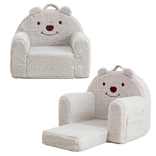 Kisdsa Toddler Chair,Sherpa Bear Kids Chair,Toddler Couch Fold Out,Children Reading Chair,Flip Out Kids Couch,Toddler Sofa Convertible for Age 1-3(Grey Bear) - Image 1