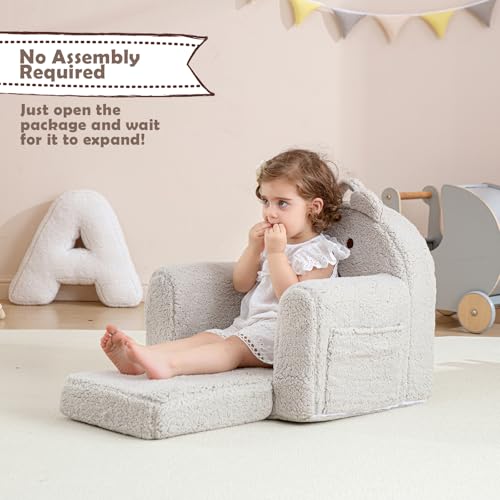 Kisdsa Toddler Chair,Sherpa Bear Kids Chair,Toddler Couch Fold Out,Children Reading Chair,Flip Out Kids Couch,Toddler Sofa Convertible for Age 1-3(Grey Bear) - Image 4