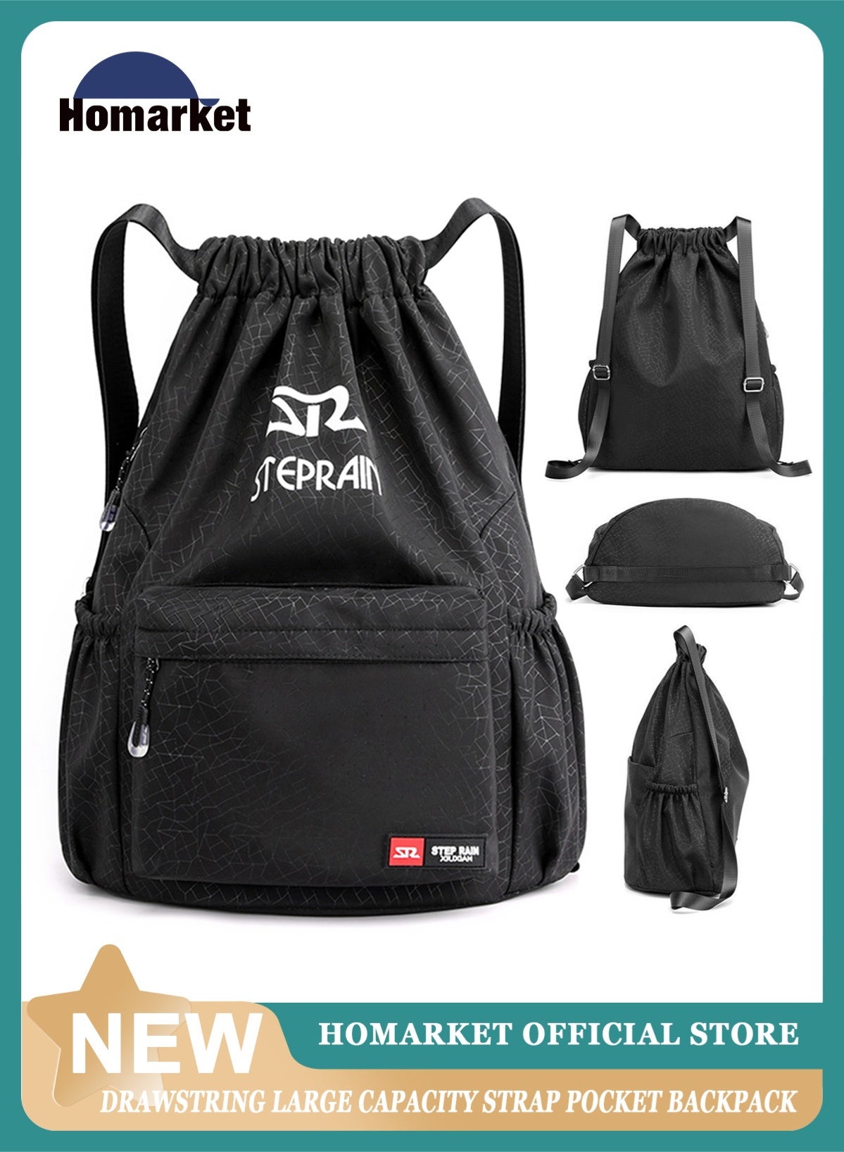 HomarKet Drawstring Backpack Sports Gym Bag, Nylon Draw Backpack Large Size with Zipper and Front Rear Pocket, Water Resistant String Sackpack for School Swimming Travel Women Men