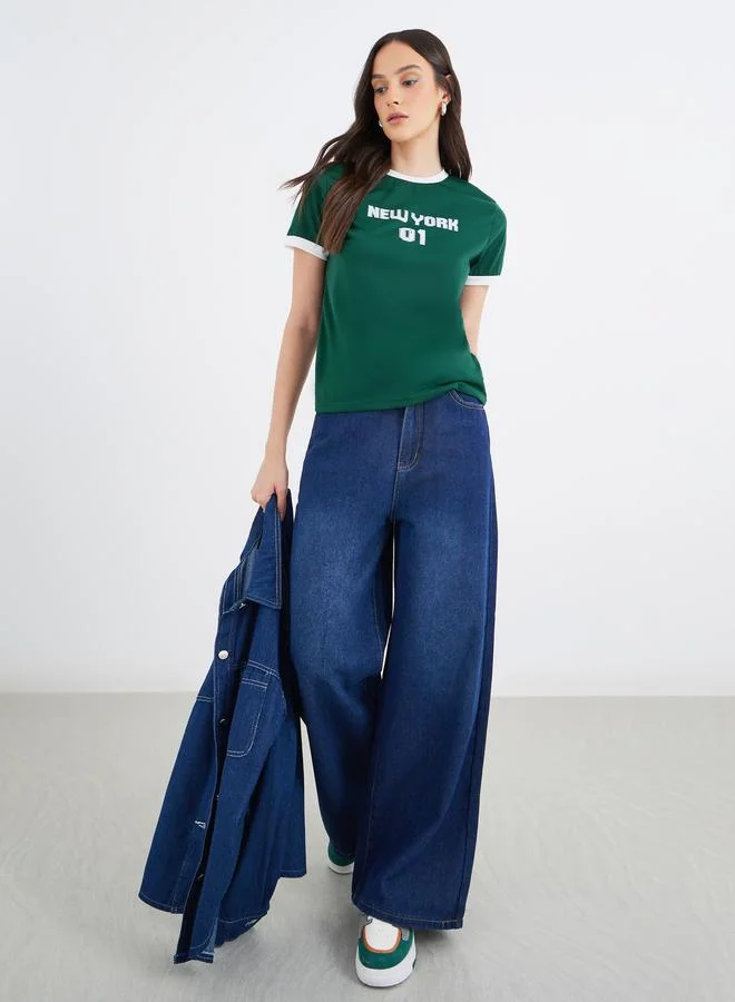 Styli Styli Women Dark Green Slogan Print Regular Fit T-Shirt with Contrast Trim