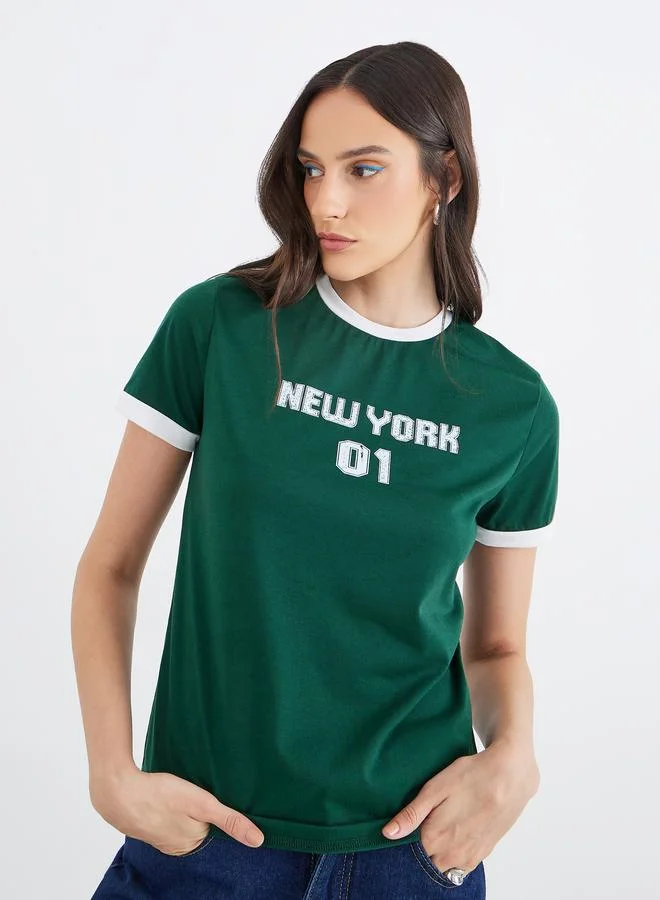 Styli Styli Women Dark Green Slogan Print Regular Fit T-Shirt with Contrast Trim